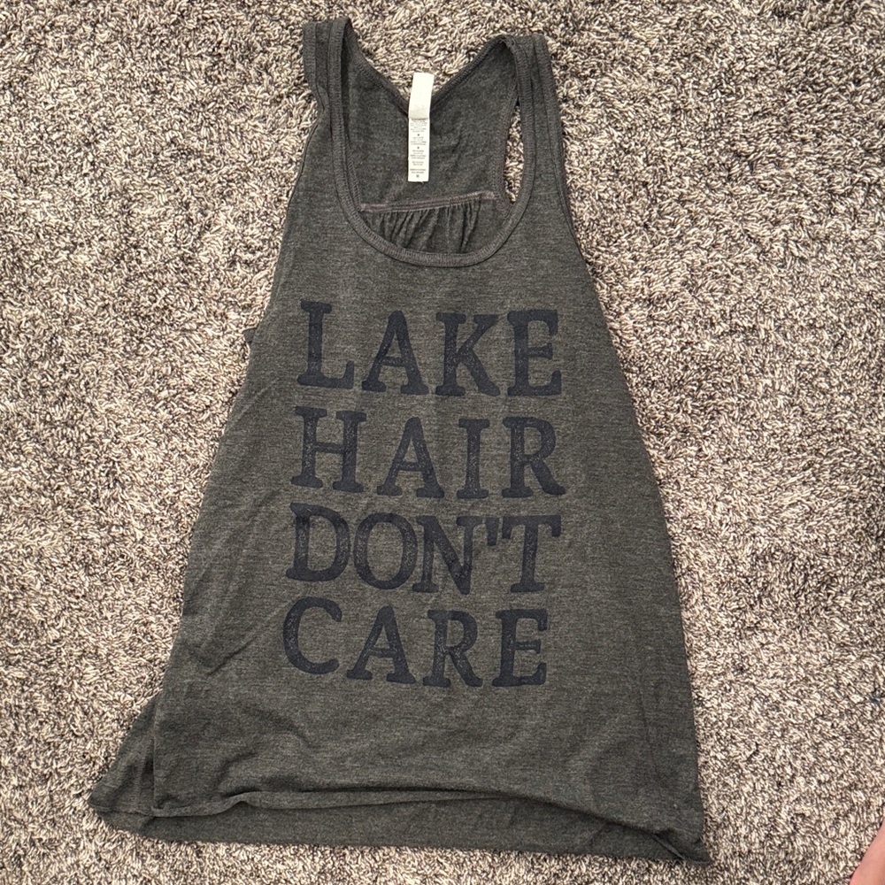 Gray Tank Top with Lake Hair Don't Care Print